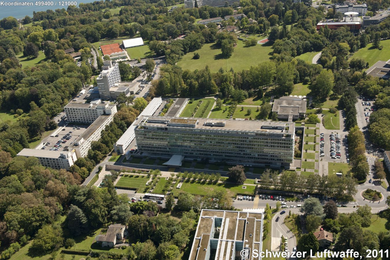 Genf / Genève: 'Organisation mondiale de la Santé' (OMS). - WHO (Weltgesundheitsorganisation der UNO). - Position: 2'499'399.43, 1'121'073.87